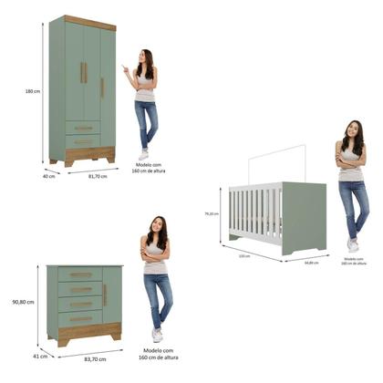 Imagem de Quarto de Bebê Completo Guarda Roupa 3 Portas 2 Gavetas com Cômoda e Berço Moana Espresso Móveis Verde Fosco/Nature