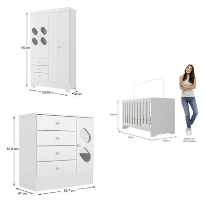 Imagem de Quarto de Bebê Completo Guarda Roupa 4 Portas 3 Gavetas com Cômoda e Berço Hera Branco