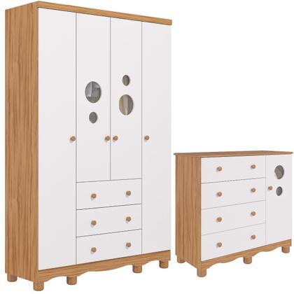 Imagem de Quarto de Bebê Completo Guarda Roupa 4 Portas Cômoda 1 Porta 4 Gavetas 100 MDF Bolinha