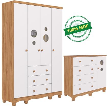 Imagem de Quarto de Bebê Completo Guarda Roupa 4 Portas Cômoda 1 Porta 4 Gavetas 100 MDF Bolinha