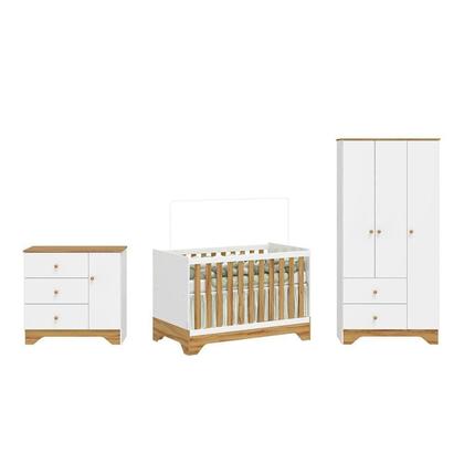 Imagem de Quarto de Bebê Completo Guarda-roupa e Cômoda e Berço 3 em 1 Minicama 100% Mdf Ravy Espresso Móveis Branco Brilho/Amêndoa