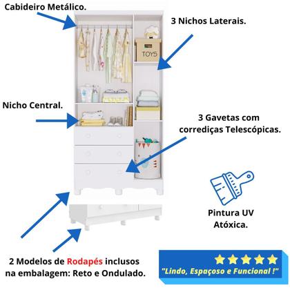 Imagem de Quarto de Bebê Completo Guarda Roupas 3 Portas Cômoda 1 Porta 3 Gavetas 100% MDF Junior