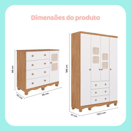 Imagem de Quarto de Bebê Completo Guarda Roupas 4 Portas Cômoda 1 Porta 4 Gavetas 100% MDF Telinha