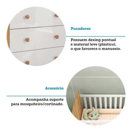 Imagem de Quarto de Bebê Completo Guarda Roupas Cômoda 3 Portas Janeladas e Berço com Rodizio 100% Mdf Lana Es Branco Brilho/Amêndoa