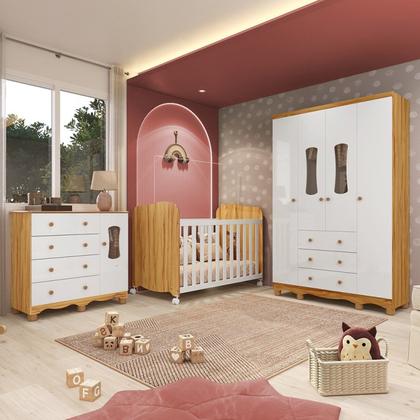 Imagem de Quarto de Bebê Completo Guarda Roupas Cômoda 3 Portas Janeladas e Berço com Rodizio 100% Mdf Lana Es Branco Brilho/Amêndoa