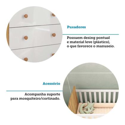 Imagem de Quarto de Bebê Completo Guarda Roupas Cômoda 3 Portas Janeladas e Berço com Rodizio 100% MDF Lana Espresso Móveis Branco Brilho/Amêndoa