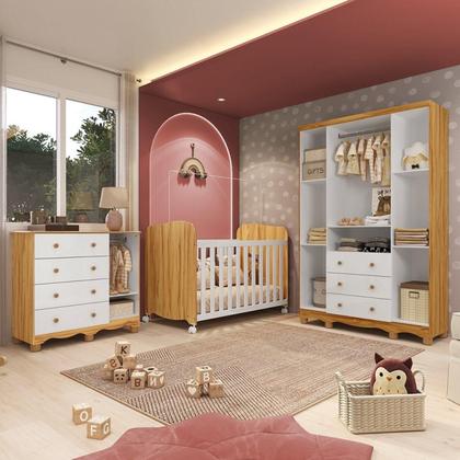 Imagem de Quarto de Bebê Completo Guarda Roupas Cômoda 3 Portas Janeladas e Berço com Rodizio 100% MDF Lana Espresso Móveis Branco Brilho/Amêndoa