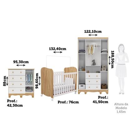 Imagem de Quarto de Bebê Completo Guarda Roupas Cômoda 3 Portas Janeladas e Berço com Rodizio 100% MDF Lana Espresso Móveis Branco Brilho/Amêndoa