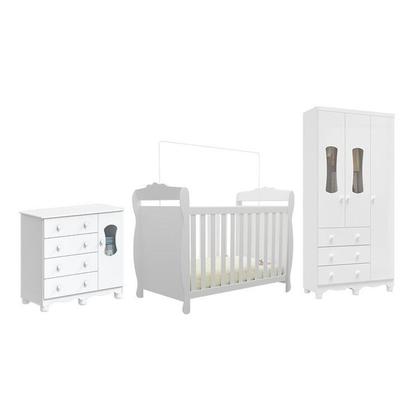 Imagem de Quarto de Bebê Completo Guarda Roupas Cômoda com Janelas e Berço 100% Mdf Aurora Espresso Móveis Branco Brilho