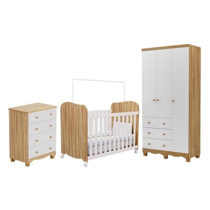 Imagem de Quarto de Bebê Completo Junior Uli 3 Portas 7 Gavetas 100% Mdf Branco Brilho/Amêndoa - Móveis Peroba