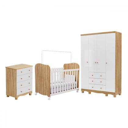 Imagem de Quarto de Bebê Completo Junior Uli 4 Portas 7 Gavetas 100% Mdf Branco Brilho/Amêndoa - Móveis Peroba