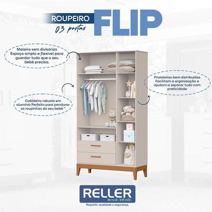 Imagem de Quarto de Bebê Flip com Cômoda Gaveteiro Areia Acetinado com Colchão Ortobom - Reller
