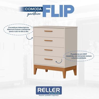 Imagem de Quarto de Bebê Flip com Cômoda Gaveteiro Areia Acetinado com Colchão - Reller