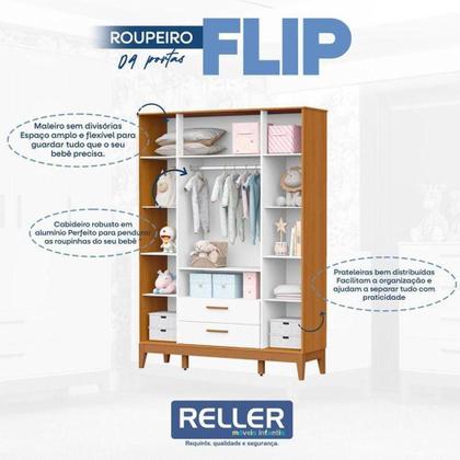 Imagem de Quarto De Bebê Flip Guarda Roupa 4 Portas Branco Acetinado Savana Com Colchão Gazin - Reller