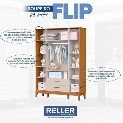Imagem de Quarto De Bebê Flip Guarda Roupa 4p Areia Acetinado Savana Com Colchão - Reller