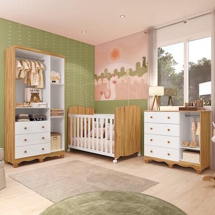 Imagem de Quarto de Bebê Guarda-Roupa 3 Portas Cômoda e Berço MDF Lana Espresso Móveis Branco Brilho/Amêndoa