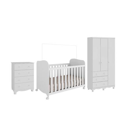 Imagem de Quarto de Bebê Guarda-Roupa 3 Portas Cômoda e Berço Mimo 100% MDF Espresso Móveis Branco Brilho