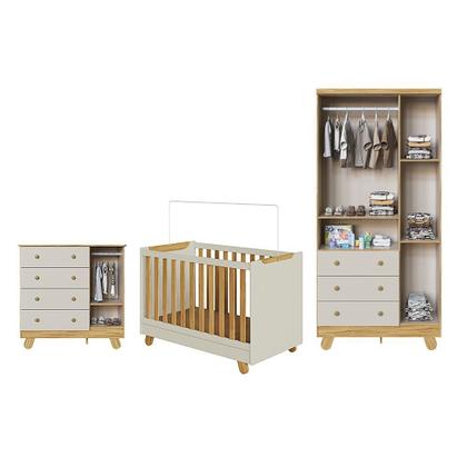 Imagem de Quarto de Bebê Guarda Roupa 3 Portas Cômoda e Berço Minicama 4 em 1 Levy 100% MDF Espresso Móveis