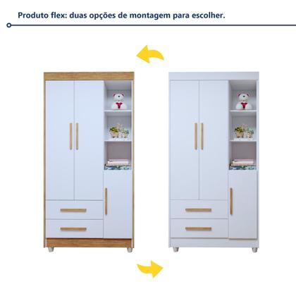 Imagem de Quarto de Bebê Guarda Roupa 3 Portas e Berço Mini Cama 100% MDF com Colchão Nina Amadeirado/Branco
