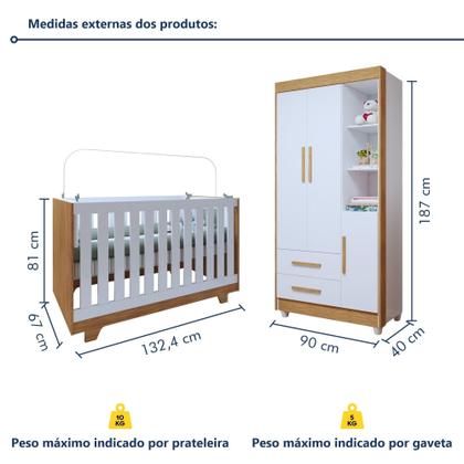 Imagem de Quarto de Bebê Guarda Roupa 3 Portas e Berço Mini Cama 100% MDF com Colchão Nina Amadeirado/Branco