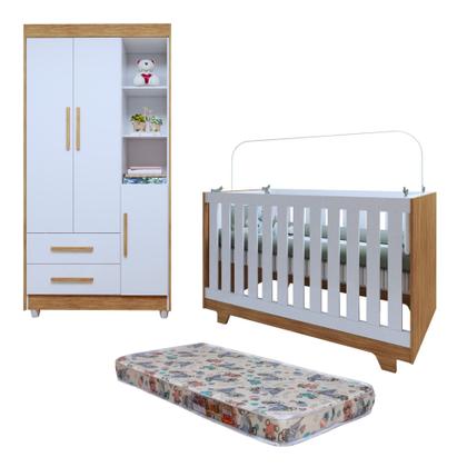 Imagem de Quarto de Bebê Guarda Roupa 3 Portas e Berço Mini Cama 100% MDF com Colchão Nina