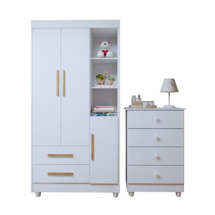 Imagem de Quarto de Bebê Guarda Roupa 3 Portas e Cômoda 100% MDF Nina