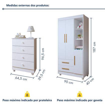 Imagem de Quarto de Bebê Guarda Roupa 3 Portas e Cômoda 100% MDF Nina
