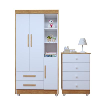 Imagem de Quarto de Bebê Guarda Roupa 3 Portas e Cômoda 100% MDF Nina