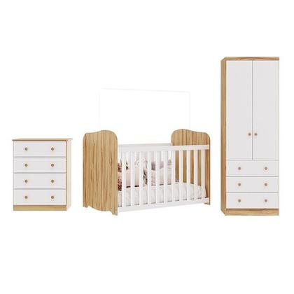 Imagem de Quarto de Bebê Guarda-Roupa Cômoda e Berço Cambalhota 100% MDF Espresso Móveis Branco Brilho/Amêndoa