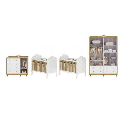 Imagem de Quarto de Bebê Guarda-roupa Cômoda Janelado 2 Berços Maya Clássico 100% Mdf Espresso Móveis Branco Brilho/Amêndoa/Branco