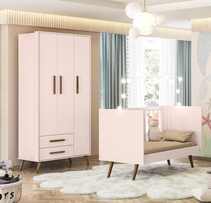Imagem de Quarto de Bebê Guarda Roupa e Berço Mini Cama Q Encanto Retrô Rosa