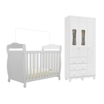 Imagem de Quarto de Bebê Guarda Roupas 3 Portas com Janelas e Berço Mini Cama 100% Mdf Aurora Espresso Móveis Branco Brilho