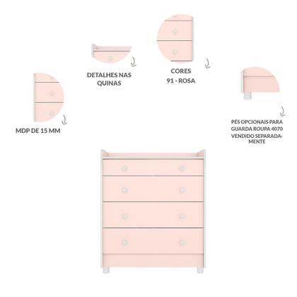 Imagem de Quarto de Bebe Infantil Doce Sonho Berço e Cômoda com Trocador 4 Gavetas Qmovi