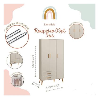 Imagem de Quarto de Bebê Isis 3 Portas com Gaveteiro Areia Acetinado - Reller