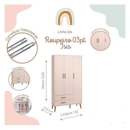 Imagem de Quarto de Bebê Isis 3 Portas Rosa Acetinado - Reller