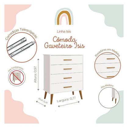 Imagem de Quarto de Bebê Isis 4 Portas com Gaveteiro Branco Acetinado - Reller