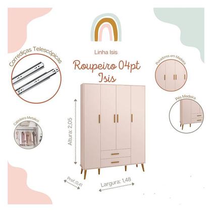 Imagem de Quarto de Bebê Isis 4 Portas com Gaveteiro Rosa Acetinado - Reller