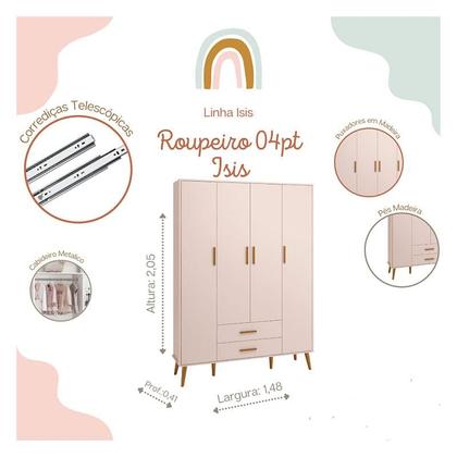 Imagem de Quarto de Bebê Isis 4 Portas com Gaveteiro Rosa Acetinado - Reller