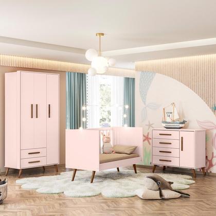 Imagem de Quarto de Bebê Kit Gemeos com Guarda Roupa 3 Portas, Cômoda e 2 Berço Retro Rosa QEncanto