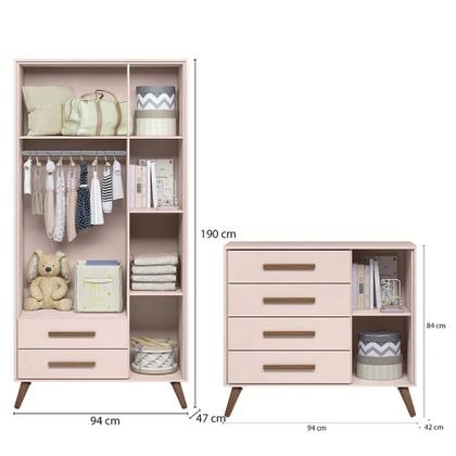 Imagem de Quarto de Bebê Kit Gemeos com Guarda Roupa 3 Portas, Cômoda e 2 Berço Retro Rosa QEncanto