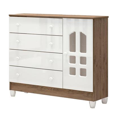 Imagem de Quarto de Bebê New Selena 3 Portas com Cômoda Selena e Berço Mirelle Branco Acetinado Amadeirado e Colchão Ortobom  Carolina Móveis