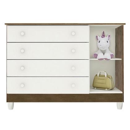 Imagem de Quarto de Bebê New Selena 4 Portas com Cômoda Gran Selena e Berço Mirelle Branco Acetinado Amadeirado e Colchão Gazin  Carolina Móveis