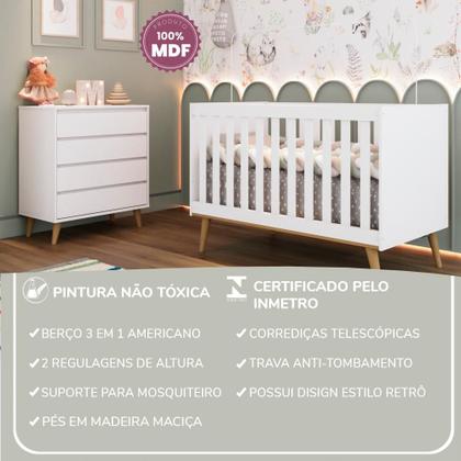 Imagem de Quarto de Bebê Retrô Lorena Berço 3 em 1 Ludmila Cômoda Infantil Branco Carolina Baby