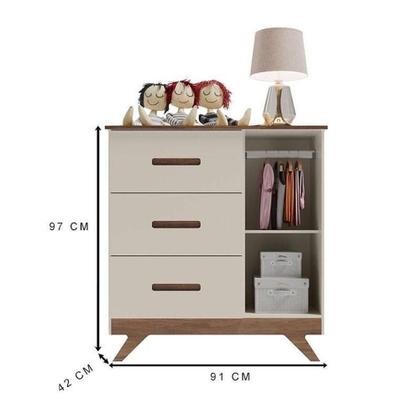 Imagem de Quarto De Bebê Retrô Maya Com Berço Americano Vitória Off White Carvalho Com Colchão Gazin  Carolina