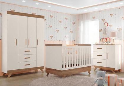 Imagem de Quarto de Bebê Retrô Maya com Berço Americano Vitória Off White Carvalho com Colchão Ortobom  Carolina