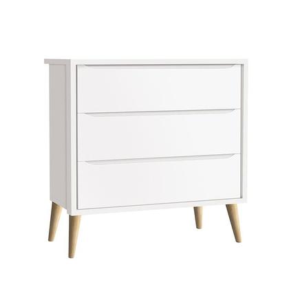 Imagem de Quarto de Bebê Theo 2 Portas com Colchão e Cômoda Gaveteiro Branco Acetinado Pés Madeira Natural - Reller