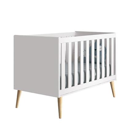 Imagem de Quarto de Bebê Theo 2 Portas com Colchão e Cômoda Gaveteiro Branco Acetinado Pés Madeira Natural - Reller