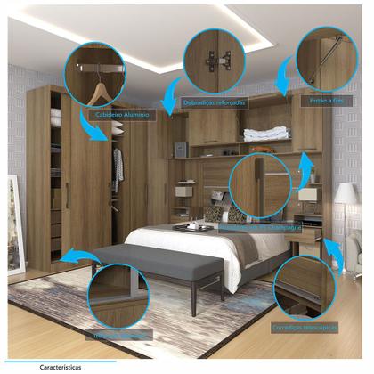 Imagem de Quarto de Canto Casal com Guarda Roupas Cabeceira e Mesas de Cabeceira Paris Luciane Móveis