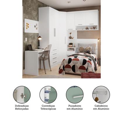 Imagem de Quarto de Canto Solteiro com Guarda Roupas Cabeceira e Escrivaninha Alpes Luciane Móveis