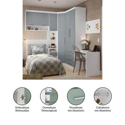Imagem de Quarto de Canto Solteiro com Guarda Roupas Cabeceira e Escrivaninha Alpes Luciane Móveis